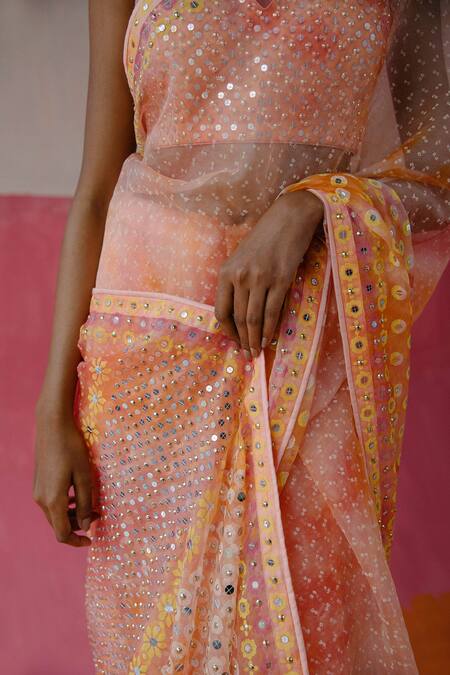 Surbhi Gupta_Orange Organza Geometric, Mirror, Sequin Leaf Maris Printed Saree With Blouse _at_Aza_Fashions