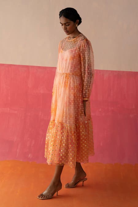 Surbhi Gupta_Pink Organza Printed Geometric Round Olivia Tie Dye Tunic  _Online_at_Aza_Fashions