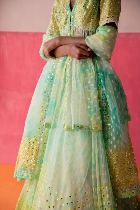 Buy_Surbhi Gupta_Green Organza Geometric, Mirror, Sequin V Neck Stella Tie Dye Kurta Lehenga Set _Online_at_Aza_Fashions