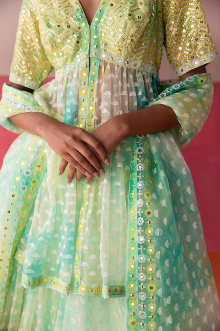 Shop_Surbhi Gupta_Green Organza Geometric, Mirror, Sequin V Neck Stella Tie Dye Kurta Lehenga Set _Online_at_Aza_Fashions