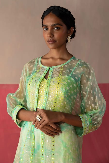 Buy_Surbhi Gupta_Green Organza Printed Geometric Cape Open Zona And Sharara Set  _Online_at_Aza_Fashions