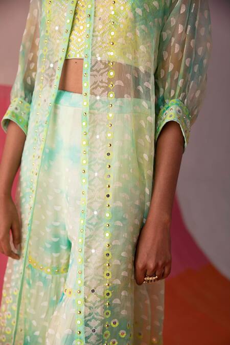 Shop_Surbhi Gupta_Green Organza Printed Geometric Cape Open Zona And Sharara Set  _Online_at_Aza_Fashions