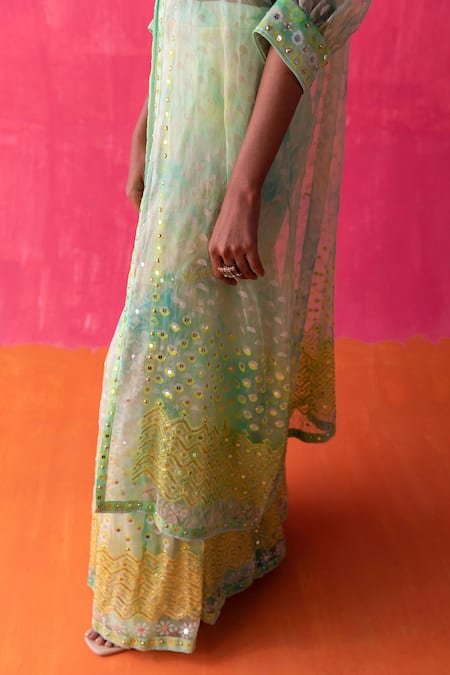 Surbhi Gupta_Green Organza Printed Geometric Cape Open Zona And Sharara Set  _at_Aza_Fashions
