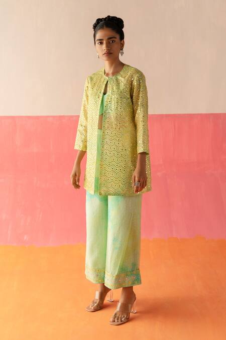Surbhi Gupta_Green Jacket - Organza Embellished Sequin Open Ina And Pant Set  _Online_at_Aza_Fashions