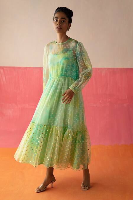 Surbhi Gupta_Green Organza Printed Geometric Round Olivia Tie Dye Tunic  _Online_at_Aza_Fashions