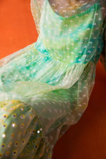 Buy_Surbhi Gupta_Green Organza Printed Geometric Round Olivia Tie Dye Tunic  _Online_at_Aza_Fashions