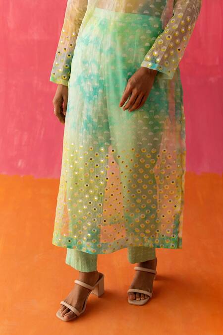 Shop_Surbhi Gupta_Green Inner And Trouser - Cotton Silk Una Tie Dye Kurta And Pant Set  _Online_at_Aza_Fashions
