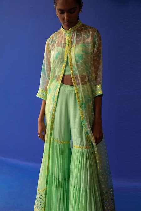 Buy_Surbhi Gupta_Green Jacket - Organza Printed Geometric Jude Tie Dye And Sharara Set  _Online_at_Aza_Fashions