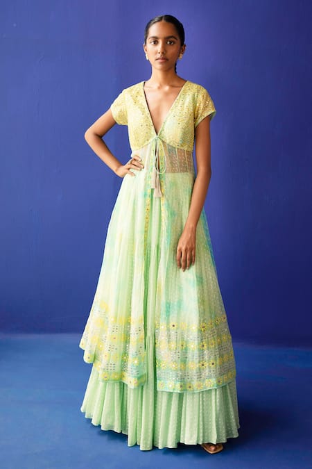 Buy_Surbhi Gupta_Green Anarkali, Dupatta - Organza Skirt - Georgette Ava Tie Dye Lehenga Set _Online_at_Aza_Fashions
