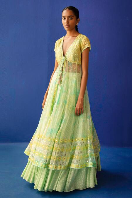 Shop_Surbhi Gupta_Green Anarkali, Dupatta - Organza Skirt - Georgette Ava Tie Dye Lehenga Set _Online_at_Aza_Fashions