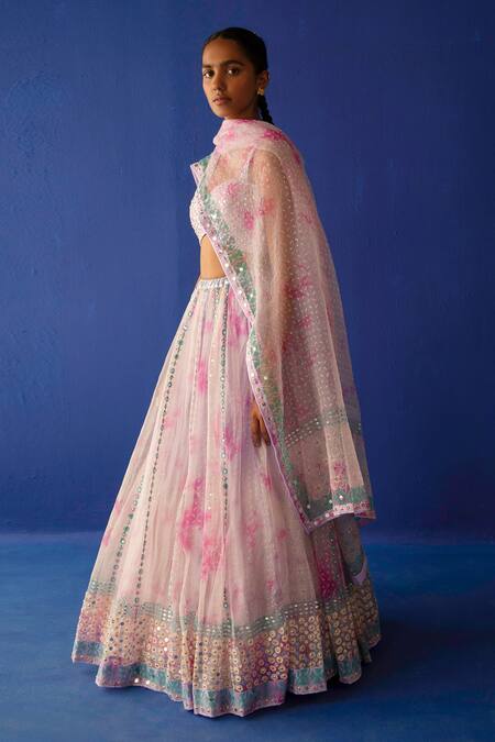 Surbhi Gupta_Fuchsia Organza Geometric, Mirror, Sequin Mira Floral Print Lehenga Set _Online_at_Aza_Fashions
