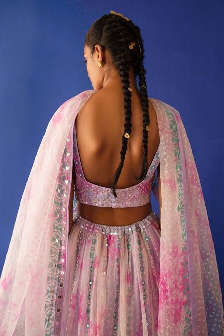 Buy_Surbhi Gupta_Fuchsia Organza Geometric, Mirror, Sequin Mira Floral Print Lehenga Set _Online_at_Aza_Fashions