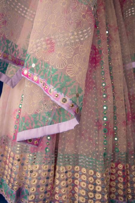 Shop_Surbhi Gupta_Fuchsia Organza Geometric, Mirror, Sequin Mira Floral Print Lehenga Set _Online_at_Aza_Fashions