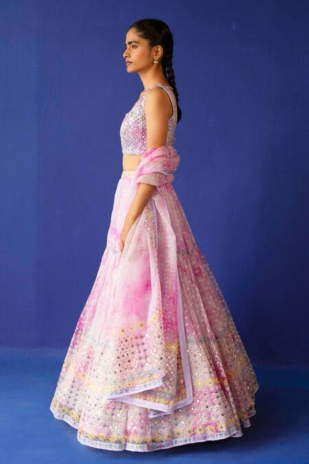 Surbhi Gupta_Fuchsia Organza Geometric, Mirror, Sequin Round Rheya Print Lehenga Set _Online_at_Aza_Fashions