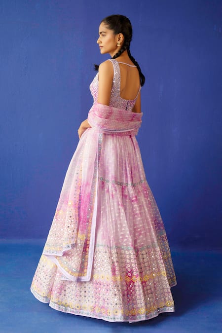 Buy_Surbhi Gupta_Fuchsia Organza Geometric, Mirror, Sequin Round Rheya Print Lehenga Set _Online_at_Aza_Fashions