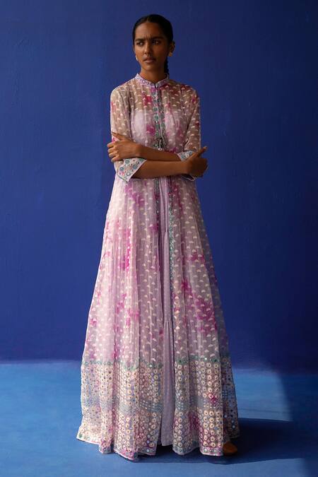 Surbhi Gupta_Purple Tiered Dress - Georgette Printed Jude Tie Dye Anarkali And Set  _Online_at_Aza_Fashions