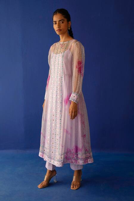 Surbhi Gupta Purple Inner And Trouser - Cotton Silk Printed Neo Tie Dye Kurta And Pant Set Online at Aza Fashions Surbhi Gupta_Purple Inner And Trouser - Cotton Silk Printed Neo Tie Dye Kurta And Pant Set _Online_at_Aza_Fashions