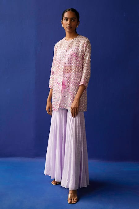 Surbhi Gupta_Purple Blouse - Cotton Silk Julia Embellished Jacket And Sharara Set  _Online_at_Aza_Fashions