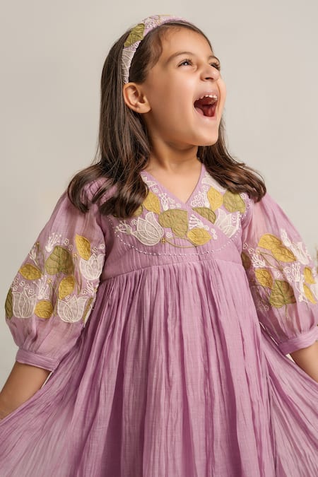 The Right Cut_Purple , Satin Embroidery Chanderi Angrakha Dress _at_Aza_Fashions