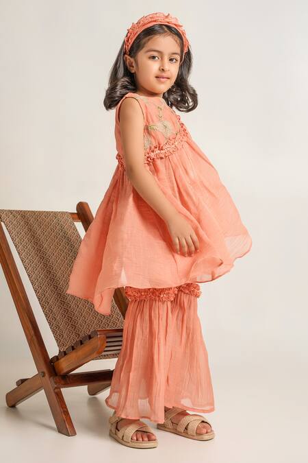 The Right Cut_Peach Cotton, Chanderi Embroidery Kurta And Gharara Set _Online_at_Aza_Fashions