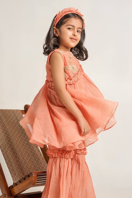 Buy_The Right Cut_Peach Cotton, Chanderi Embroidery Kurta And Gharara Set _Online_at_Aza_Fashions