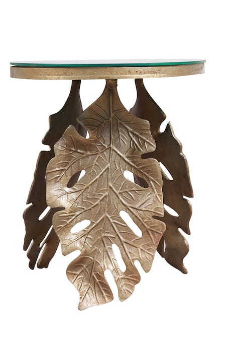 MANOR HOUSE_Brown Aluminium Leaf Stand Mirror Table _Online_at_Aza_Fashions