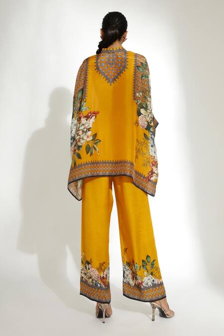 Shop_Rajdeep Ranawat_Yellow Silk Printed Floral Band Collar Chanel Poncho Tunic  _at_Aza_Fashions