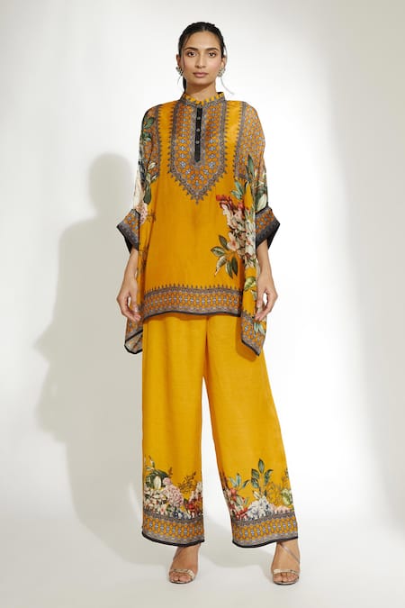 Rajdeep Ranawat_Yellow Silk Printed Floral Band Collar Chanel Poncho Tunic  _Online_at_Aza_Fashions