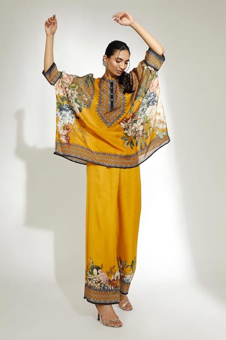 Buy_Rajdeep Ranawat_Yellow Silk Printed Floral Band Collar Chanel Poncho Tunic  _Online_at_Aza_Fashions