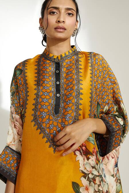 Rajdeep Ranawat_Yellow Silk Printed Floral Band Collar Chanel Poncho Tunic  _at_Aza_Fashions