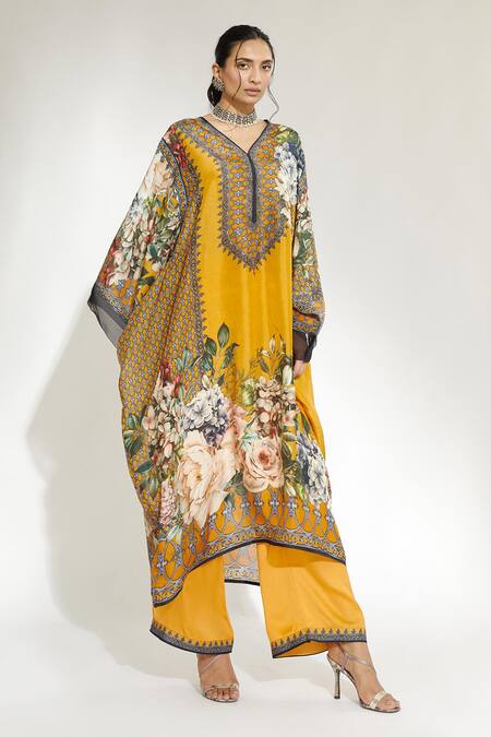 Rajdeep Ranawat_Yellow Silk Floral V Neck Olivia Kaftan Dress_Online_at_Aza_Fashions