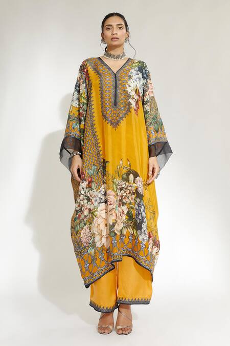 Shop_Rajdeep Ranawat_Yellow Silk Floral V Neck Olivia Kaftan Dress_Online_at_Aza_Fashions