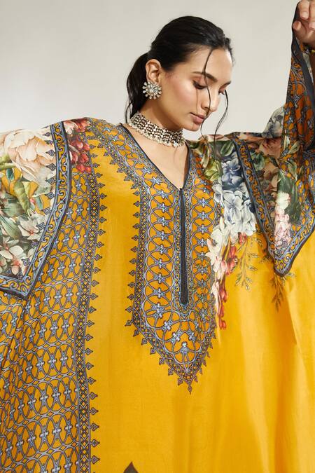 Rajdeep Ranawat_Yellow Silk Floral V Neck Olivia Kaftan Dress_at_Aza_Fashions