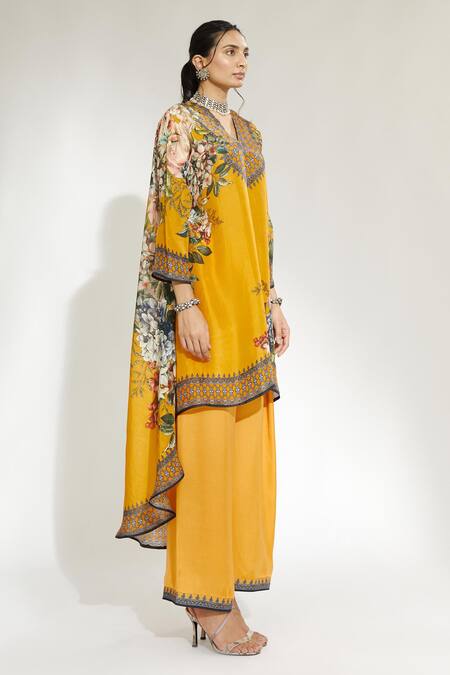 Rajdeep Ranawat_Yellow Satin Floral Paloma Palazzo_Online_at_Aza_Fashions
