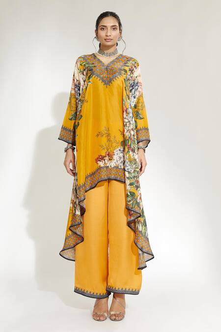 Buy_Rajdeep Ranawat_Yellow Satin Floral Paloma Palazzo_Online_at_Aza_Fashions