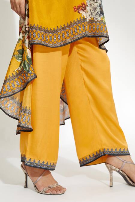 Shop_Rajdeep Ranawat_Yellow Satin Floral Paloma Palazzo_Online_at_Aza_Fashions