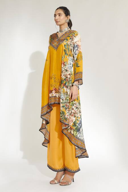 Rajdeep Ranawat_Yellow Satin Floral Paloma Palazzo_at_Aza_Fashions