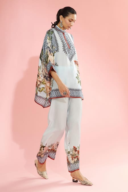 Rajdeep Ranawat_Blue Silk Floral Band Collar Chanel Printed Poncho Tunic_Online_at_Aza_Fashions