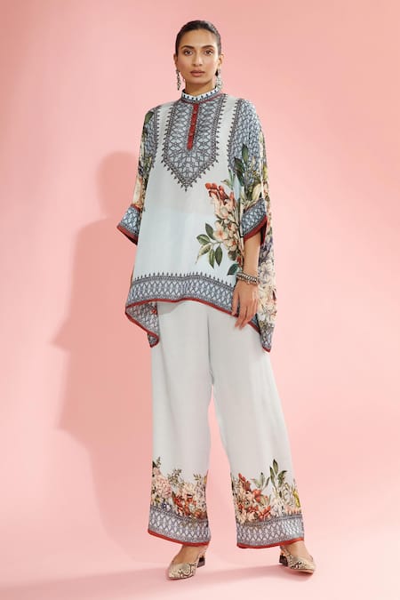 Buy_Rajdeep Ranawat_Blue Silk Floral Band Collar Chanel Printed Poncho Tunic_Online_at_Aza_Fashions