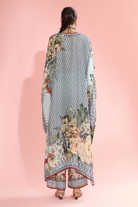 Shop_Rajdeep Ranawat_Blue Silk Floral V Neck Kaliza Printed Kaftan _at_Aza_Fashions
