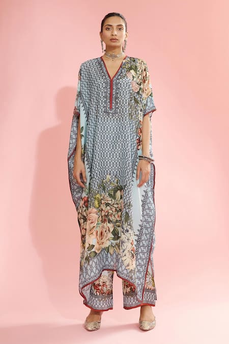 Rajdeep Ranawat_Blue Silk Floral V Neck Kaliza Printed Kaftan _Online_at_Aza_Fashions