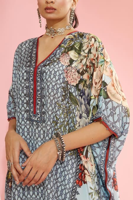 Rajdeep Ranawat_Blue Silk Floral V Neck Kaliza Printed Kaftan _at_Aza_Fashions