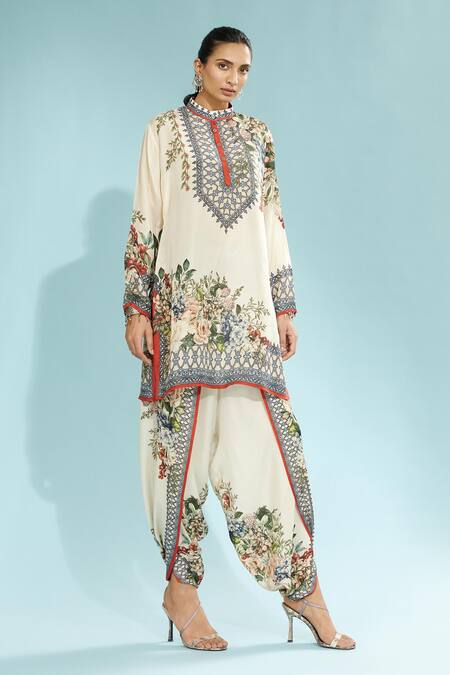 Rajdeep Ranawat_Beige Silk Floral Band Collar Reza Printed Short Kurta_Online_at_Aza_Fashions