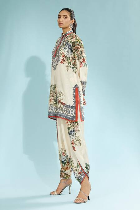Buy_Rajdeep Ranawat_Beige Silk Floral Band Collar Reza Printed Short Kurta_Online_at_Aza_Fashions