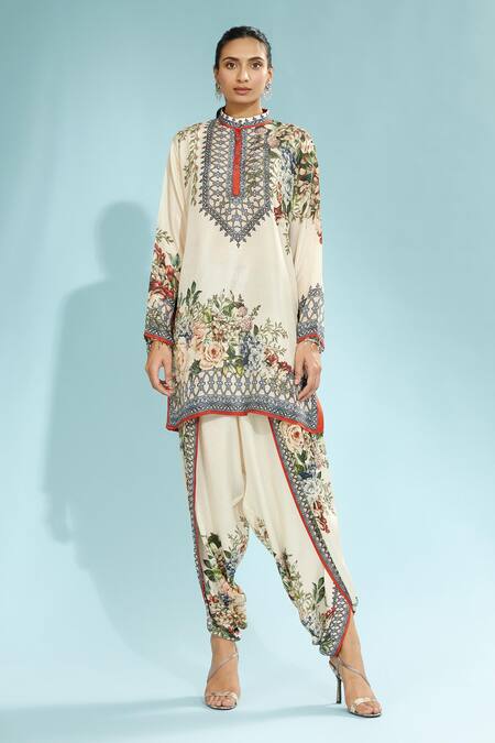 Shop_Rajdeep Ranawat_Beige Silk Floral Band Collar Reza Printed Short Kurta_Online_at_Aza_Fashions