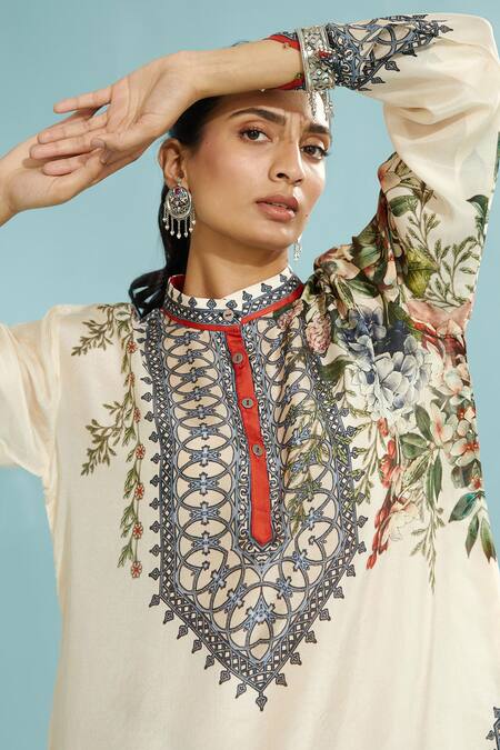 Rajdeep Ranawat_Beige Silk Floral Band Collar Reza Printed Short Kurta_at_Aza_Fashions
