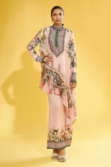 Buy Rajdeep Ranawat Peach Silk Floral Shirt Collar Bijili Asymmetric Tunic Online at Aza Fashions Buy_Rajdeep Ranawat_Peach Silk Floral Shirt Collar Bijili Asymmetric Tunic_Online_at_Aza_Fashions
