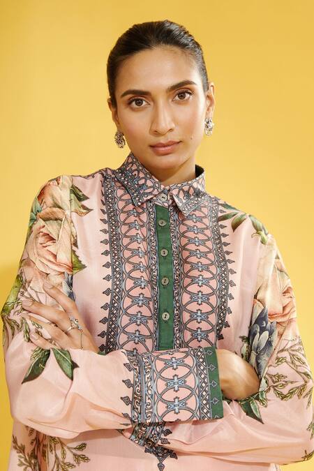 Shop Rajdeep Ranawat Peach Silk Floral Shirt Collar Bijili Asymmetric Tunic Online at Aza Fashions Shop_Rajdeep Ranawat_Peach Silk Floral Shirt Collar Bijili Asymmetric Tunic_Online_at_Aza_Fashions