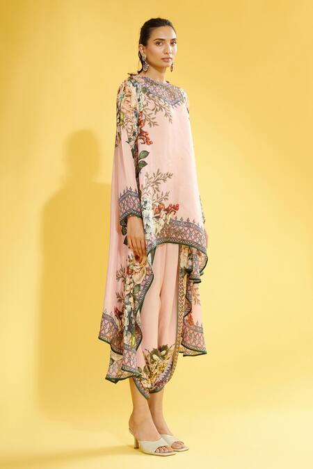 Rajdeep Ranawat_Peach Silk Floral Round Aafreen Printed Asymmetric Tunic_Online_at_Aza_Fashions