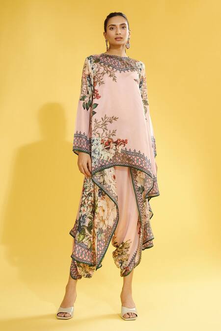 Buy_Rajdeep Ranawat_Peach Silk Floral Round Aafreen Printed Asymmetric Tunic_Online_at_Aza_Fashions